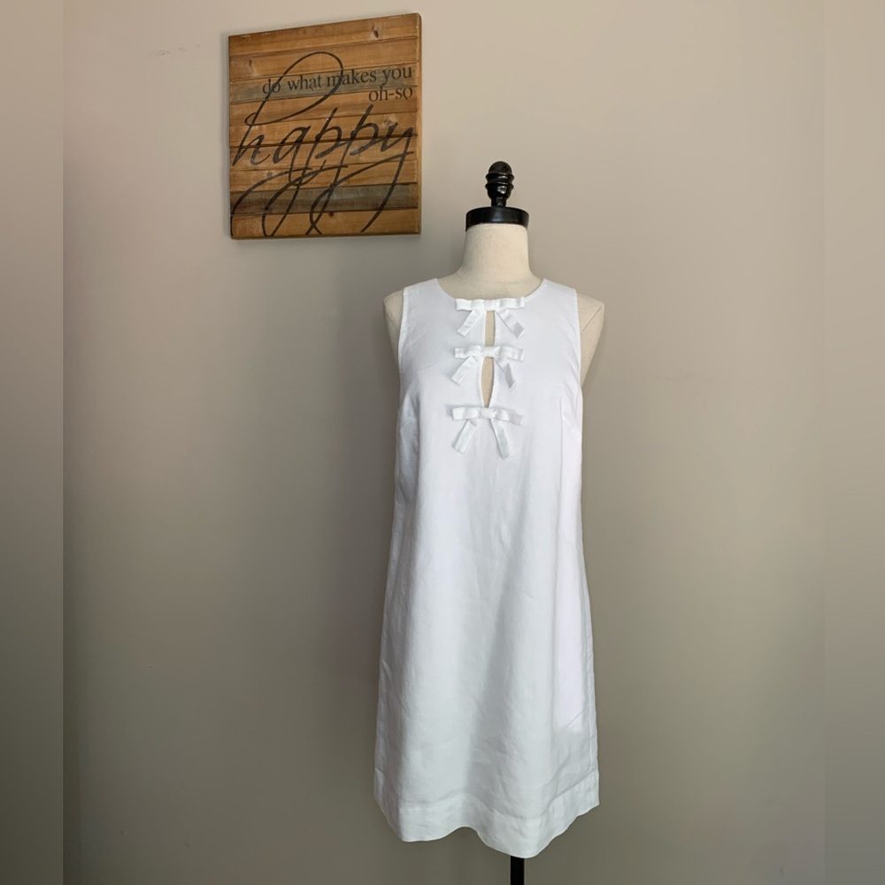 White Linen Shift Dress Short Bow Front Cut Out Zipper Oversized J Crew
